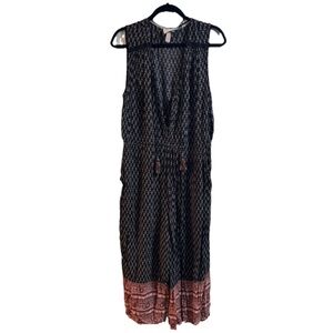 Knox Rose Black Boho Midi Dress Geometric Print Tassel Tie Sleeveless XXL